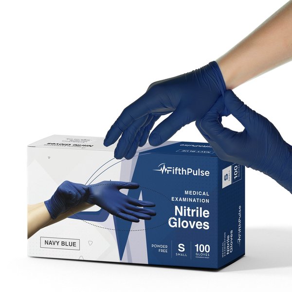 Fifthpulse FMN100, Nitrile Disposable Gloves, 3 mil Palm, Nitrile, Powder-Free, S, 100 PK, Navy Blue FP-N-100-S-NBLE